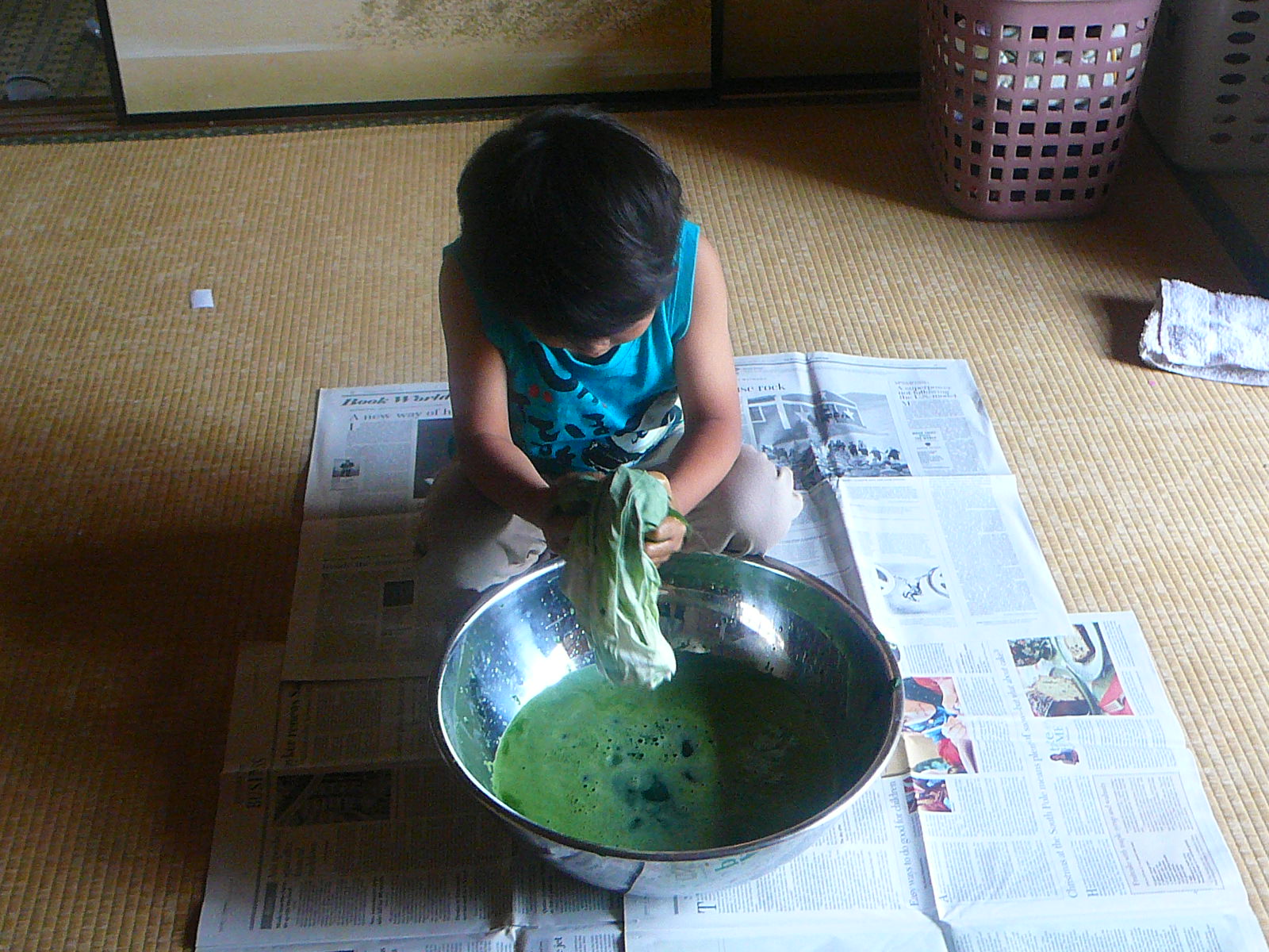 子供でも簡単にできる藍の生葉染め